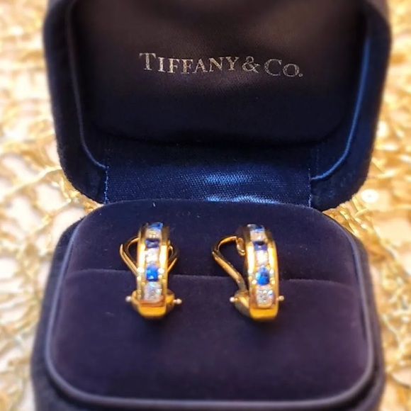 Authentic Tiffany & Co 18K Yellow Gold Diamond & Sapphire Huggie Earrings - Picture 6 of 10